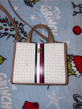 Tommy Hilfiger White & Tan Logo Stripe Mini Satchel with Red & Navy Trim